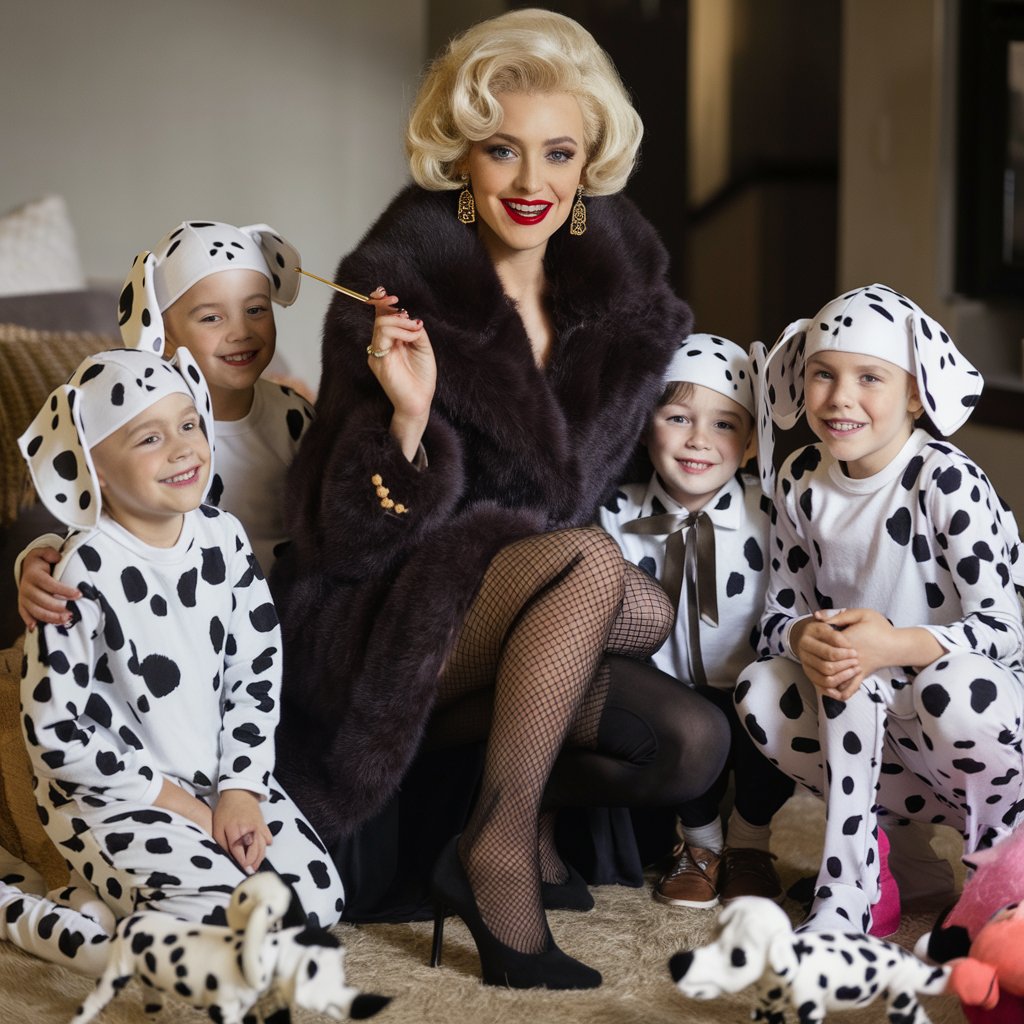 A glamorous mom dressed as Cruella de Vil, with the rest of the family as adorable Dalmatians