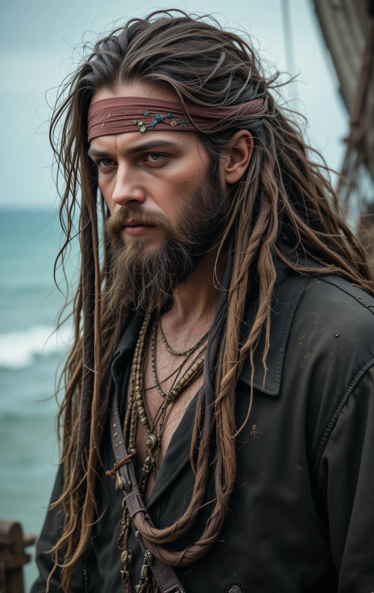 A male pirate with long, messy hair tied back with a leather strap